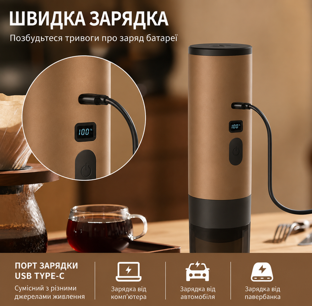 Портативная кофеварка с подогревом 18 бар, аккумулятором 7800mAh и поддержкой капсул и молотого кофе коричневая - Фото 4 Портативная кофеварка с подогревом 18 бар, аккумулятором 7800mAh и поддержкой капсул и молотого кофе коричневая - изображение 4