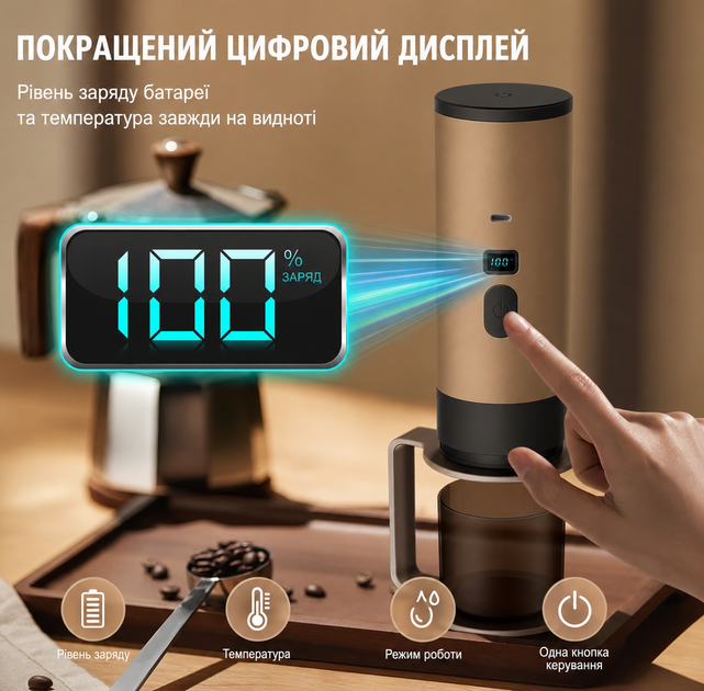 Портативная кофеварка с подогревом 18 бар, аккумулятором 7800mAh и поддержкой капсул и молотого кофе коричневая - Фото 6 Портативная кофеварка с подогревом 18 бар, аккумулятором 7800mAh и поддержкой капсул и молотого кофе коричневая - изображение 6
