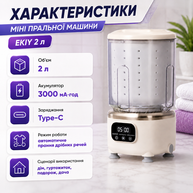 Портативна міні пральна машина EKIY 2 л, акумулятор 3000 мА·год, USB Type-C, автоматичне прання дрібного одягу, шкарпеток, спідньої білизни, дитячих речей, для квартири, дачі, кемпінгу та поїздок - зображення 4