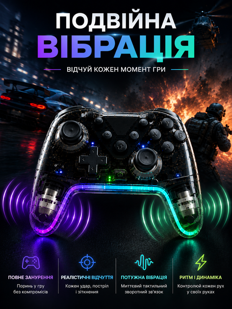 Джойстик геймпад контроллер беспроводной Bluetooth игровой для Nintendo Switch ПК компьютера Android смартфона планшета PS3 прозрачный с RGB подсветкой двойной вибрацией 6 осевым гироскопом Turbo аккумулятором 500 мАч USB Type-C для телефона консоли - Фото 5 Джойстик геймпад контроллер беспроводной Bluetooth игровой для Nintendo Switch ПК компьютера Android смартфона планшета PS3 прозрачный с RGB подсветкой двойной вибрацией 6 осевым гироскопом Turbo аккумулятором 500 мАч USB Type-C для телефона консоли - изображение 5