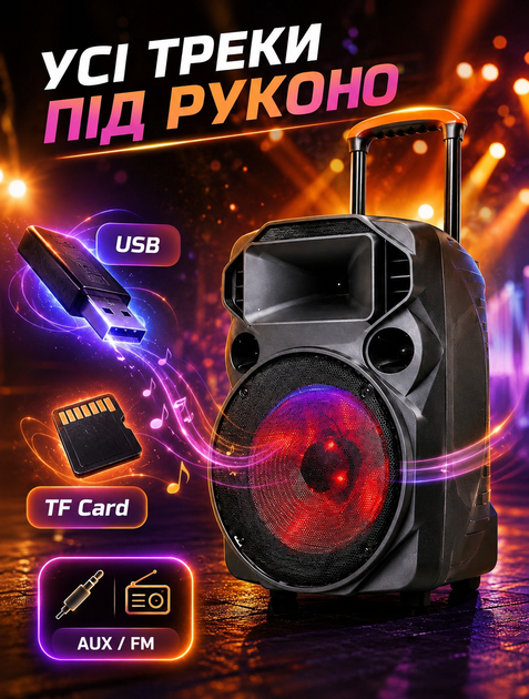 Портативная колонка для караоке с двумя радиомикрофонами Bluetooth USB-слотом microSD и AUX LED-подсветка до 10–15 часов автономной работы - изображение 4