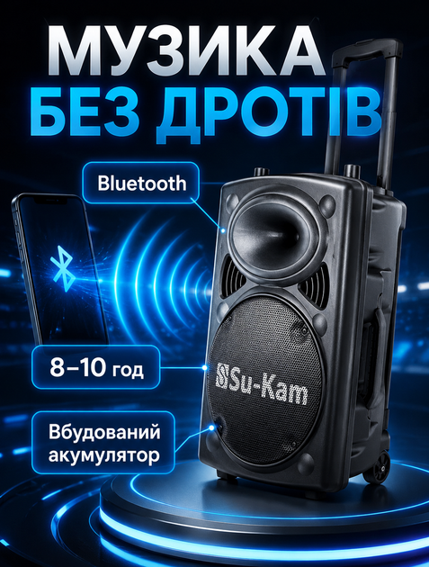 Портативная акустическая система с Bluetooth и FM-радио для караоке с 2 микрофонами и аккумулятором на 8-10 часов - изображение 3