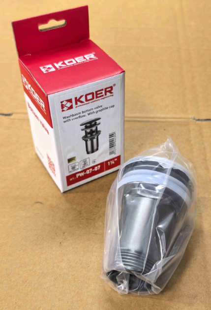 Донный клапан для раковины с переливом KOER PW-07-07 автоматический (Click-Clack) (Цвет графитовый) 1 1/4'' (KR6483) - Фото 10 Донный клапан для раковины с переливом KOER PW-07-07 автоматический (Click-Clack) (Цвет графитовый) 1 1/4'' (KR6483) - изображение 10