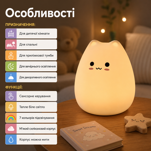 LED ночник Котик сенсорный силиконовый с 7 цветами теплым светом и мягким корпусом - изображение 4