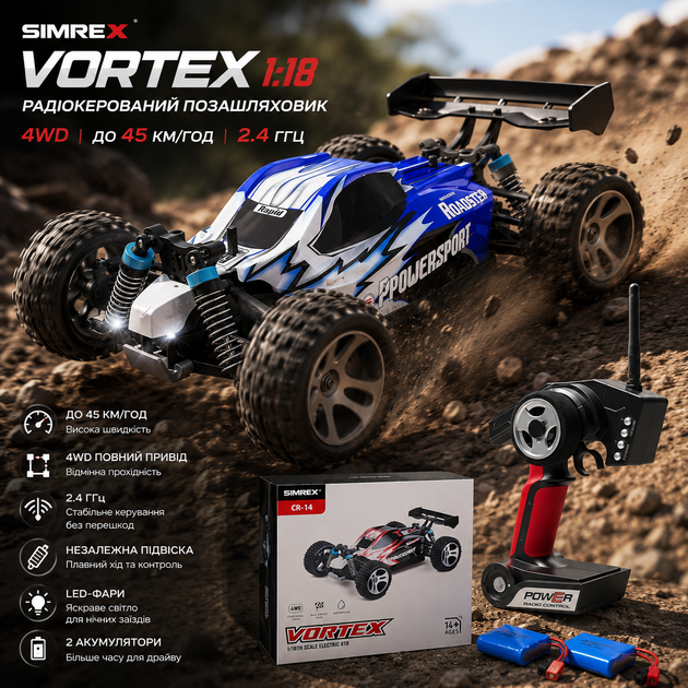 Радиоуправляемый внедорожник SIMREX 1:18, 4WD, до 45 км/ч, 2.4 ГГц, 2 аккумулятора, LED-фары, RC монстр-трак - изображение 2