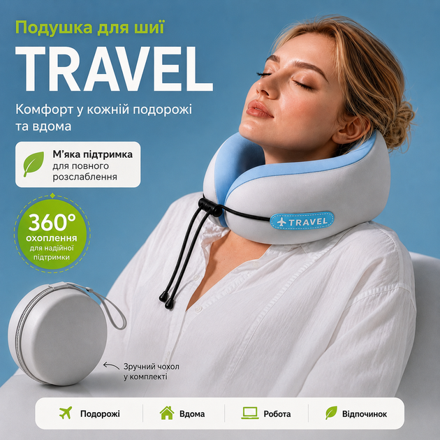 Дорожная подушка для шеи Blue ортопедическая для путешествий, подушки в самолет, машину, авто, поезд, в дорогу с эффектом памяти Memory Foam под шею, туристический набор, анатомическая для отдыха и поддержки головы - Фото 1 Дорожная подушка для шеи Blue ортопедическая для путешествий, подушки в самолет, машину, авто, поезд, в дорогу с эффектом памяти Memory Foam под шею, туристический набор, анатомическая для отдыха и поддержки головы - изображение 1