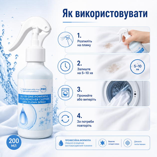 Средство для удаления пятен с одежды Multipurpose Cleaning Spray, Спрей для удаления пятен с одежды, 200 мл Бутылатель - Фото 6 Средство для удаления пятен с одежды Multipurpose Cleaning Spray, Спрей для удаления пятен с одежды, 200 мл Бутылатель - изображение 6