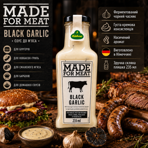 Соус майонезний Kühne Made For Meat Black Garlic 235 мл з чорним часником для мяса бургерів сендвічів гриля та гарячих страв - зображення 2