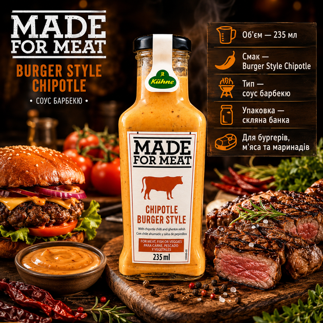 Соус барбекю Kühne Made For Meat Chipotle Burger Style 235 мл для бургерів мяса сендвічів картоплі закусок і маринаду - Фото 1 Соус барбекю Kühne Made For Meat Chipotle Burger Style 235 мл для бургерів мяса сендвічів картоплі закусок і маринаду - зображення 1