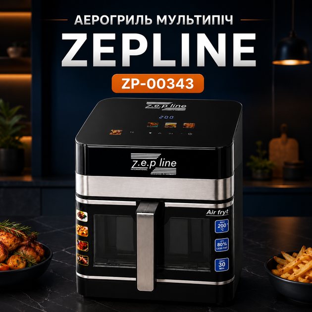 Аэрогриль мультипечь Zepline ZP-00343 13 л 4200 Вт с двумя нагревательными элементами, сенсорным управлением, 12 программами, циркуляцией горячего воздуха 360°, функциями гриля, дегидратора, размораживания, разогрева, жарки без масла - Фото 1 Аэрогриль мультипечь Zepline ZP-00343 13 л 4200 Вт с двумя нагревательными элементами, сенсорным управлением, 12 программами, циркуляцией горячего воздуха 360°, функциями гриля, дегидратора, размораживания, разогрева, жарки без масла - изображение 1