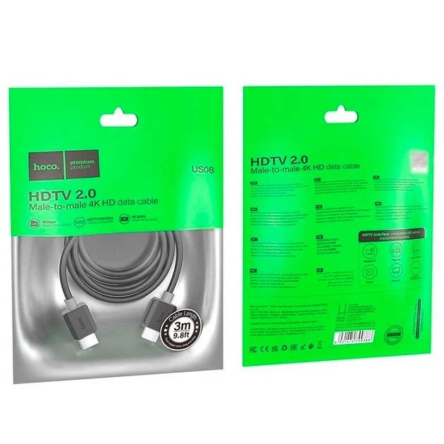 Кабель для видео Hoco HDMI 2.0 Male-to-Male 4K 3 м Черный (US08) - Фото 3 Кабель для видео Hoco HDMI 2.0 Male-to-Male 4K 3 м Черный (US08) - изображение 3