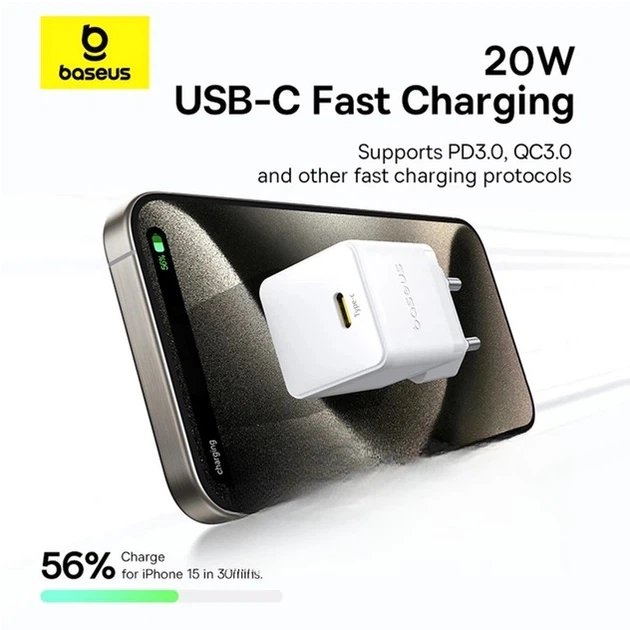 Зарядное устройство Baseus Palm Fast Charger 1C 20 Вт с кабелем USB-C - Lightning 1 м Белый (E0116400) - Фото 3 Зарядное устройство Baseus Palm Fast Charger 1C 20 Вт с кабелем USB-C - Lightning 1 м Белый (E0116400) - изображение 3