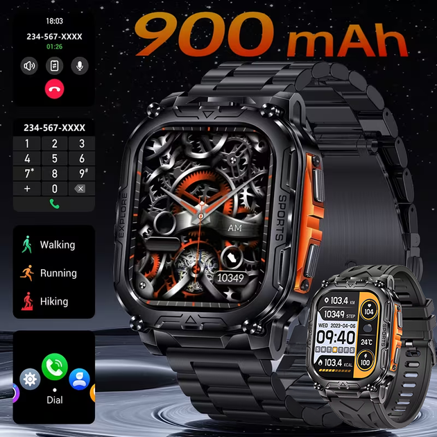 Мужские смарт-часы Military Pro 2.01" HD с Bluetooth звонками, пульсометром, SpO2, LED фонариком и мощной батареей - Фото 1 Мужские смарт-часы Military Pro 2.01" HD с Bluetooth звонками, пульсометром, SpO2, LED фонариком и мощной батареей - изображение 1