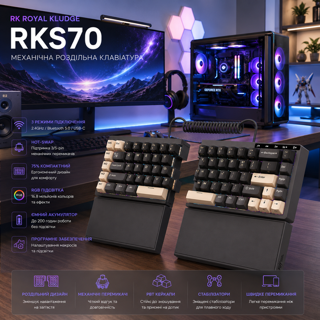 Механическая раздельная клавиатура RK ROYAL KLUDGE RKS70 RGB: Беспроводная 2.4GHz/BT/USB-C, Hot-Swap, 75%, Черная - изображение 2