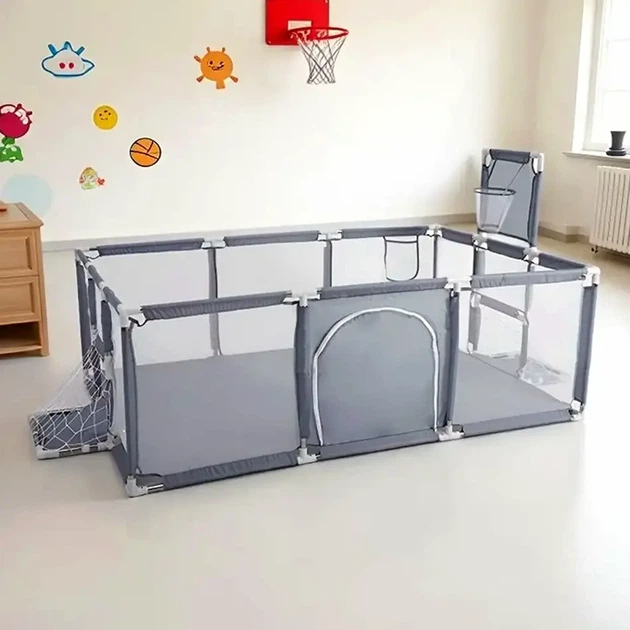 Детский манеж с баскетбольным кольцом 180х120см серый складной игровой манеж для безопасных игр и отдыха - Фото 6 Детский манеж с баскетбольным кольцом 180х120см серый складной игровой манеж для безопасных игр и отдыха - зображення 6