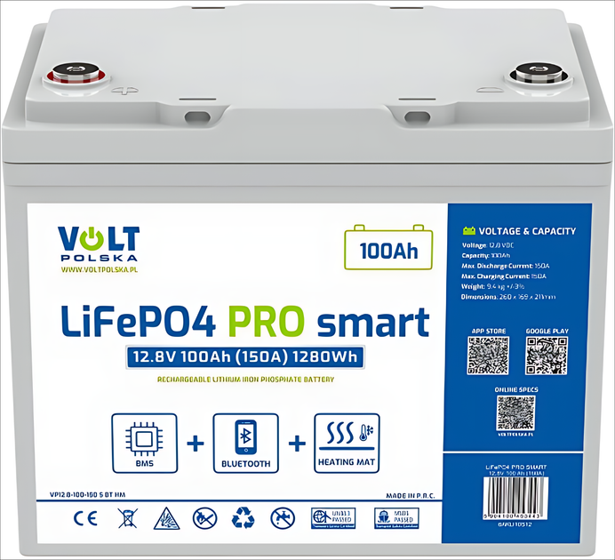 Аккумуляторная батарея Volt Polska PRO SMART LiFePO4 12.8V-100Ah M8 Bluetooth + нагревательный мат Strong life 5 year (6AKLI10S12) - Фото 2 Аккумуляторная батарея Volt Polska PRO SMART LiFePO4 12.8V-100Ah M8 Bluetooth + нагревательный мат Strong life 5 year (6AKLI10S12) - изображение 2