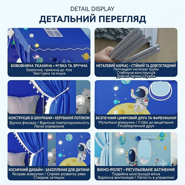 Дитячий будиночок-намет Космос з металевим каркасом бархат бавовна синій - зображення 5