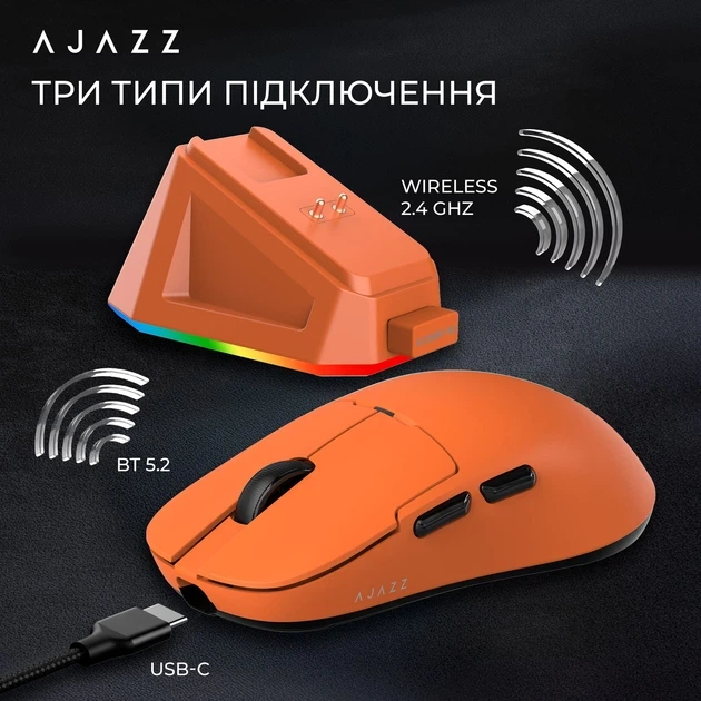Компьютерная мышь Ajazz AJ159P Wireless/Bluetooth, RGB подсветка, зарядная док-станция оранжевая (AJ159P-MC-Orange) - изображение 4