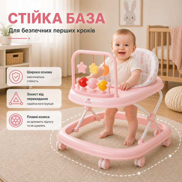 Многофункциональные детские ходунки, регулируемые по высоте, с игровой панелью, поворотными колесами, мягким сиденьем, складной конструкцией, для обучения ходьбе детей от 6 месяцев, розовые - изображение 2