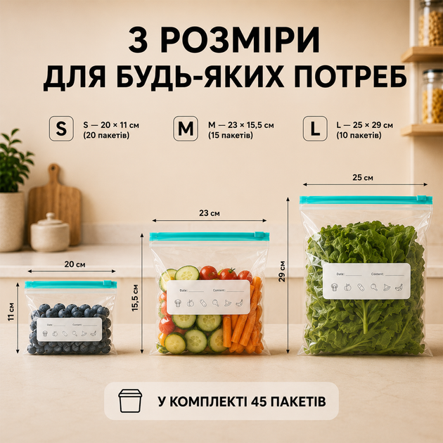 Набір багаторазових Zip-Lock пакетів для зберігання продуктів із бігунком 45 шт, 3 розміри - Фото 2 Набір багаторазових Zip-Lock пакетів для зберігання продуктів із бігунком 45 шт, 3 розміри - зображення 2
