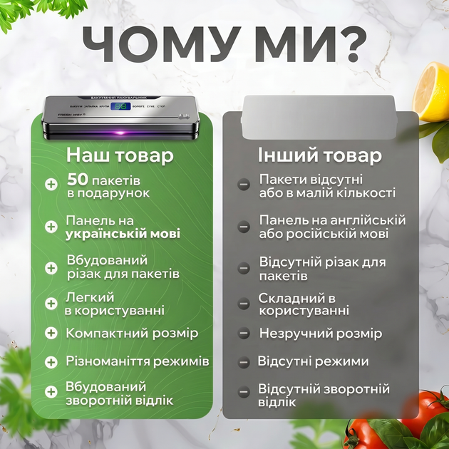 Вакууматор для еды и продуктов - вакуматор со встроенным резаком и запайкой пакетов - бытовой автоматический сенсорный домашний вакуумный упаковщик для сухих и влажных продуктов, мяса, ягод, сувида| Панель на украинском + 50 вакуумных пакетов | GR-50 - изображение 7