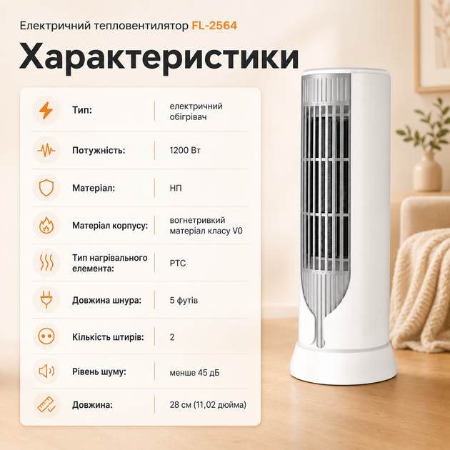 Электрический тепловентилятор FL-2564 1200 Вт, керамический PTC термоагрегат, портативный климатический прибор с термостатом, защитой от перегрева, бесшумной эксплуатацией для дома, спальни, офиса - изображение 4