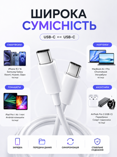 Кабель быстрой зарядки андроид айфон type c to type c 1м для телефона ноутбука планшета apple android iphone ipad macbook устройств с тайпси Foxconn usbc cable универсальный провод для передачи данных синхронизации быстрая зарядка тайп си 1 метр - изображение 4