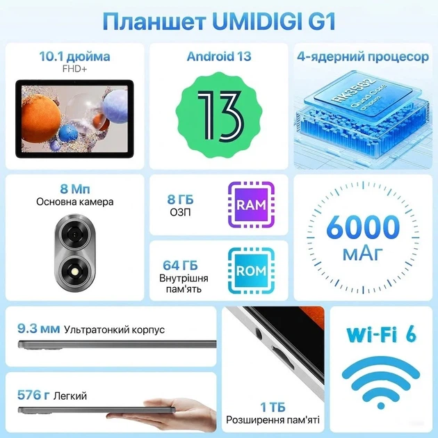 Планшет 10.1" UMIDIGI G1 Tab MT10 4+4/64GB 4 ядра Android 13 6000 mAh Серый (102198495) - Уценка - Фото 2 Планшет 10.1" UMIDIGI G1 Tab MT10 4+4/64GB 4 ядра Android 13 6000 mAh Серый (102198495) - Уценка - изображение 2