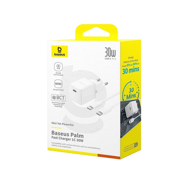 Мережевий зарядний пристрій з кабелем Baseus Palm Fast Charger 1C 30W EU Moon White(With:Baseus Mini White Cable C to C 60W(20V/3A) 1m Moon White) - зображення 2