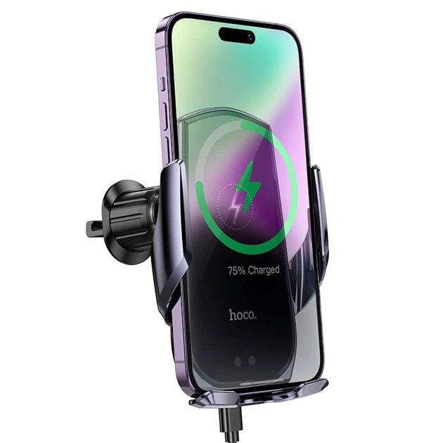 Автотримач для телефона з БЗП HOCO CA202 Plus Enlightener infrared induction wireless charging car holder(air outlet) Black metal gray - изображение 6