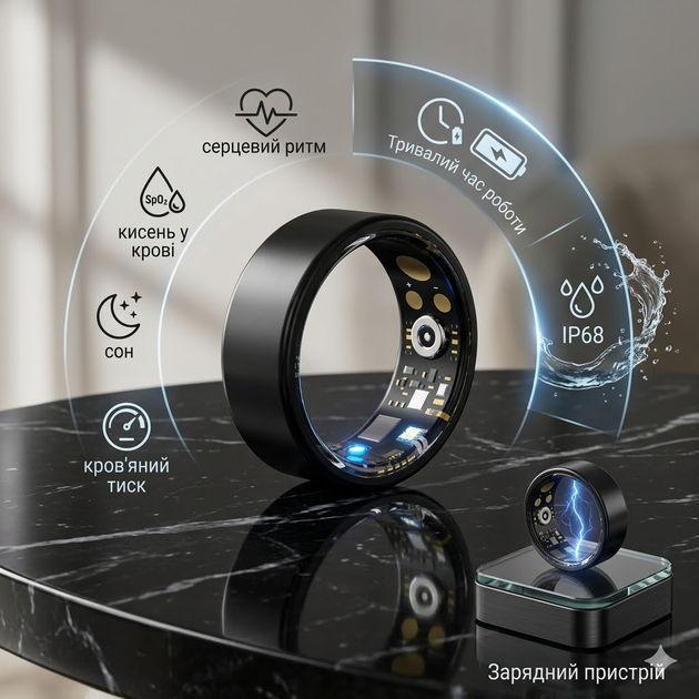 Розумне кільце Smart Ring SUNOL Black (Size 9): моніторинг здоров'я, сну, тиску та кисню, IP68, iOS/Android + Зарядний кейс - зображення 3