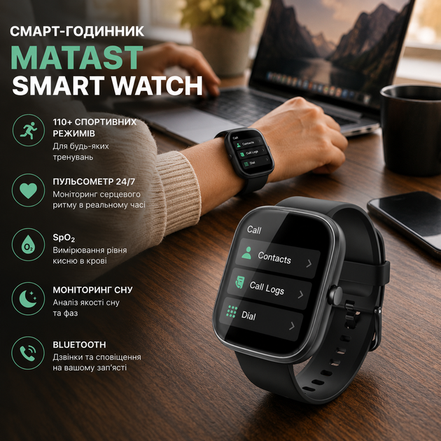 Смарт-годинник Matast Smart Watch 1.91", 110+ спортивних режимів, пульсометр, SpO2, моніторинг сну, Bluetooth - зображення 2