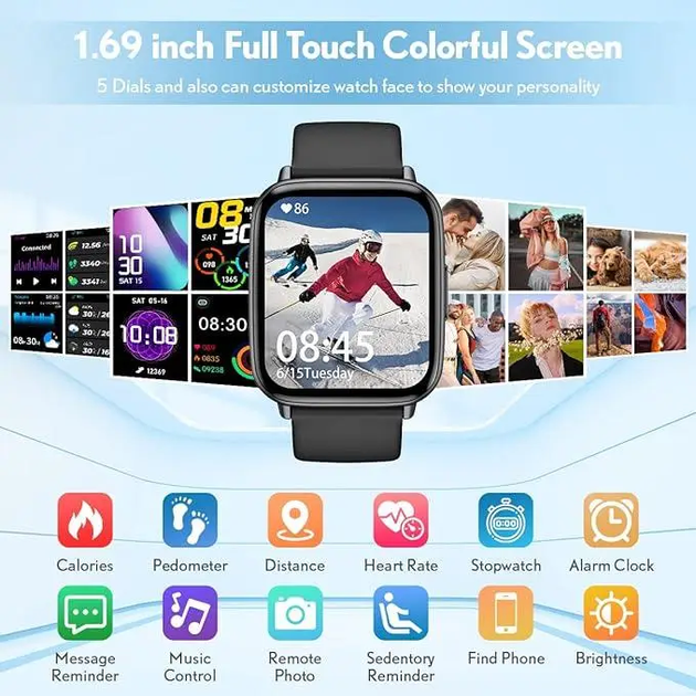 Смарт-годинник FMK 1.72" Bluetooth з дзвінками, IP68, пульсометр, SpO₂, тиск, фітнес-трекер для Android та iPhone, чорний - Фото 3 Смарт-годинник FMK 1.72" Bluetooth з дзвінками, IP68, пульсометр, SpO₂, тиск, фітнес-трекер для Android та iPhone, чорний - зображення 3