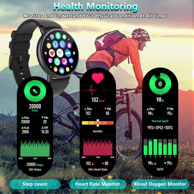 Смарт-годинник Mermo AMOLED 1.3", Bluetooth дзвінки, 120+ спортивних режимів, SpO2, IP67, для Android та iPhone - Фото 6 Смарт-годинник Mermo AMOLED 1.3", Bluetooth дзвінки, 120+ спортивних режимів, SpO2, IP67, для Android та iPhone - зображення 6