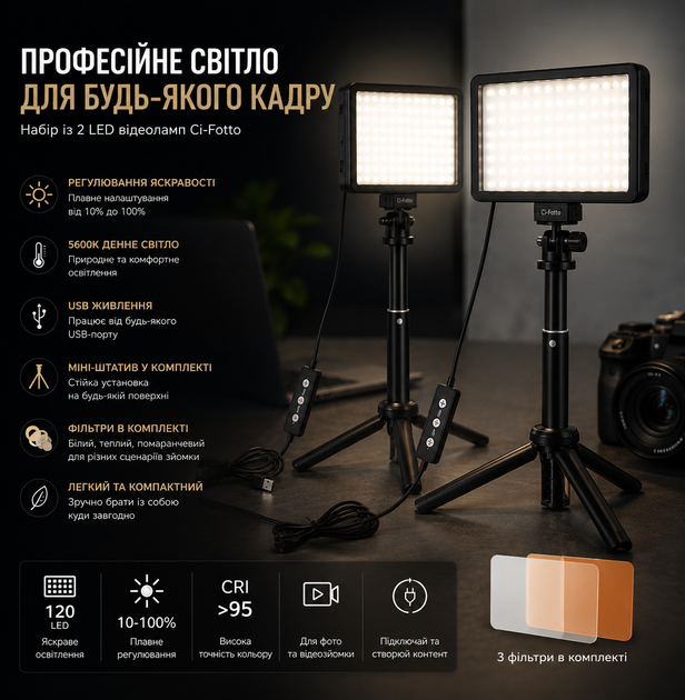 Набор из 2 LED видеоламп Ci-Fotto 5600K USB с регулировкой яркости, мини-штативами и фильтрами для фото и видеосъёмки - изображение 3