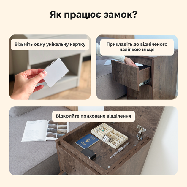 Приліжкова тумба Fedor'Kov B26 з прихованими відділеннями та RFID замком, 4 таємні ніші, ДСП 18 мм, 40×45×60 см Кремовий - зображення 3