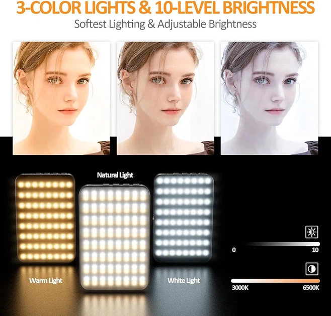Светодиодная аккумуляторная селфи-лампа 128 LED для телефона, ноутбука и камеры, 3 режима освещения, USB-C, 3000 мА·ч, клипса - изображение 5