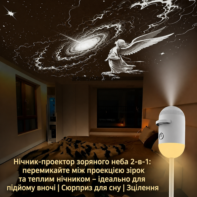 Проектор звездного неба 2 в 1, ночник с 10 сменными слайдами, теплый свет 3500K, USB, белый - изображение 6