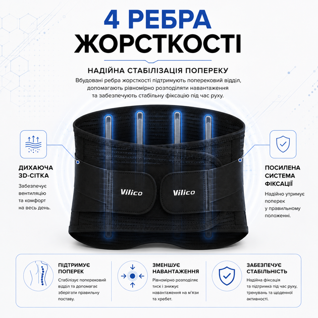 Пояс для спины Vilico AB166, бандаж для поясницы с 4 ребрами жесткости, размер S (талия 70–85 см), черный - изображение 6