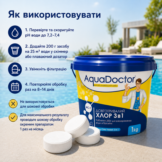Комплексний засіб для дезінфекції басейну AquaDoctor Мультихлор 3 в 1 таблетки по 200 г 1 кг - зображення 2