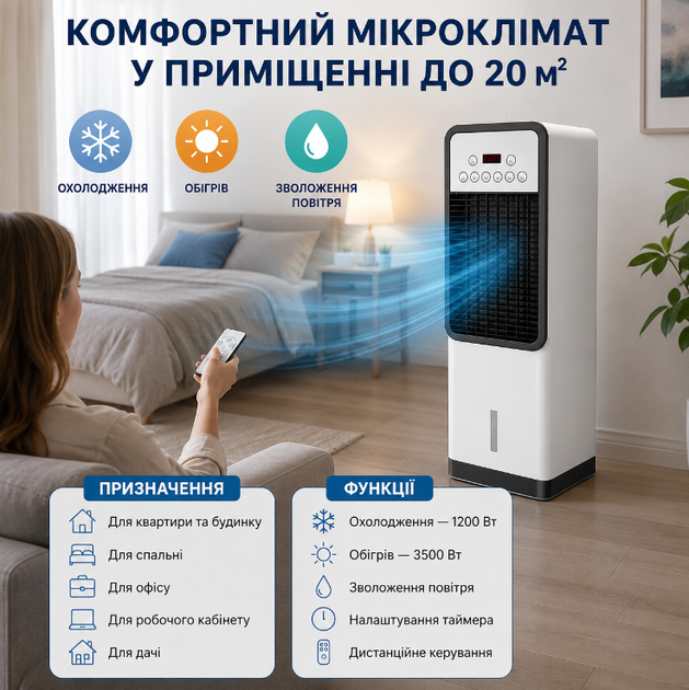 Климатический комплекс 3в1 3500 Вт с охлаждением обогревом и увлажнением для помещений до 20 м² пультом сенсорным управлением и баком 5 л белый - Фото 2 Климатический комплекс 3в1 3500 Вт с охлаждением обогревом и увлажнением для помещений до 20 м² пультом сенсорным управлением и баком 5 л белый - изображение 2