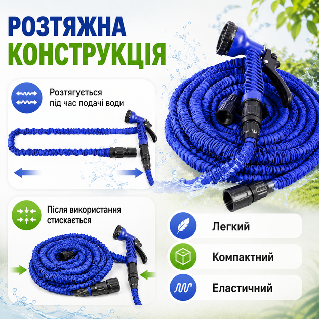 Шланг садовый Magic Hose синий растяжной 45 м с распылительной насадкой - Фото 2 Шланг садовый Magic Hose синий растяжной 45 м с распылительной насадкой - изображение 2