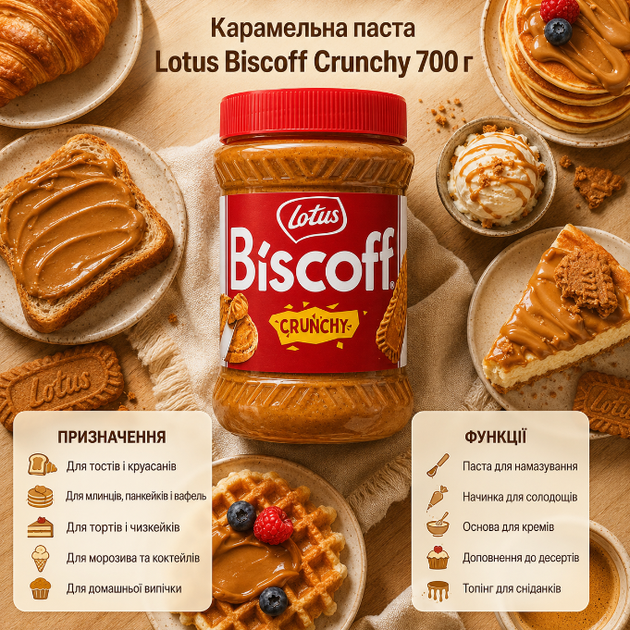 Паста из карамелизированного печенья Lotus Biscoff Crunchy 700 г хрустящая бельгийская карамельная паста для круассанов вафель чизкейков и тортов - Фото 3 Паста из карамелизированного печенья Lotus Biscoff Crunchy 700 г хрустящая бельгийская карамельная паста для круассанов вафель чизкейков и тортов - изображение 3