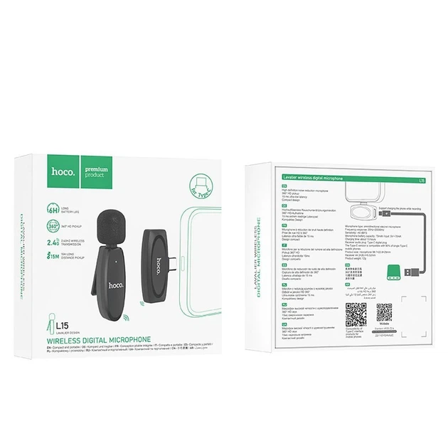 Беспроводной петличный микрофон USB-C Hoco L15 Black (6931474789037) - Фото 9 Беспроводной петличный микрофон USB-C Hoco L15 Black (6931474789037) - изображение 9