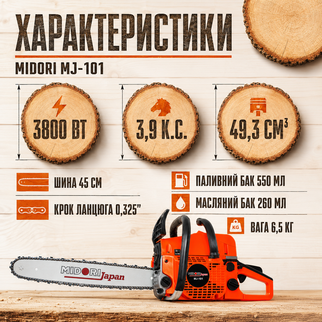 Профессиональная бензопила Midori MJ-101, 45 см, 3,9 л, 3800 Вт — цепная пила для обрезки веток, ухода за деревьями и садовых работ - изображение 5