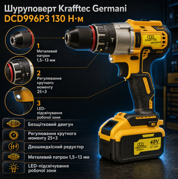 Аккумуляторный ударный шуруповерт Krafftec DCD996P3 48 В 6 Ач 130 Нм бесщеточный с двумя аккумуляторами патроном 13 мм и кейсом - Фото 2 Аккумуляторный ударный шуруповерт Krafftec DCD996P3 48 В 6 Ач 130 Нм бесщеточный с двумя аккумуляторами патроном 13 мм и кейсом - изображение 2