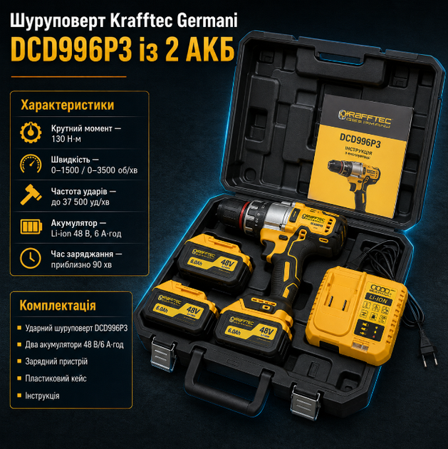 Аккумуляторный ударный шуруповерт Krafftec DCD996P3 48 В 6 Ач 130 Нм бесщеточный с двумя аккумуляторами патроном 13 мм и кейсом - Фото 3 Аккумуляторный ударный шуруповерт Krafftec DCD996P3 48 В 6 Ач 130 Нм бесщеточный с двумя аккумуляторами патроном 13 мм и кейсом - изображение 3