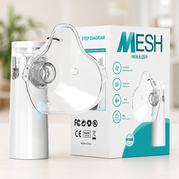 Портативний інгалятор-небулайзер Mesh Nebulizer SY308 ультразвуковий з USB заряджанням акумулятором дитячою і дорослою масками та загубником - изображение 4