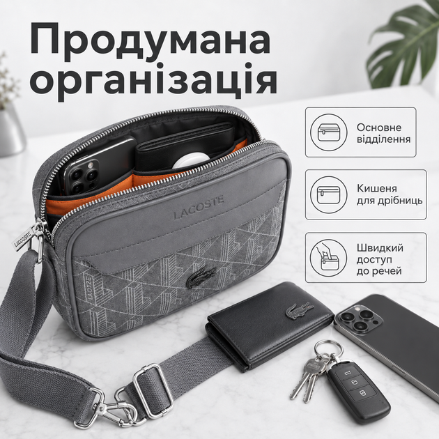 Мужская сумка кросс-боди Lacoste Monogram серая городская сумка через плечо на молнии - Фото 2 Мужская сумка кросс-боди Lacoste Monogram серая городская сумка через плечо на молнии - изображение 2