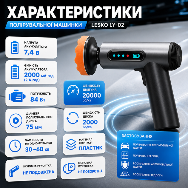 Полировальная машинка для автомобиля Lesko LY-02 Аккумуляторная машинка (для шлифования и полировки) Полировщик для авто 84Вт - изображение 3